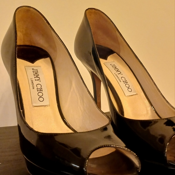 Jimmy Choo Black Patent Leather Peep Toe Platform Pumps - Picture 2 of 6